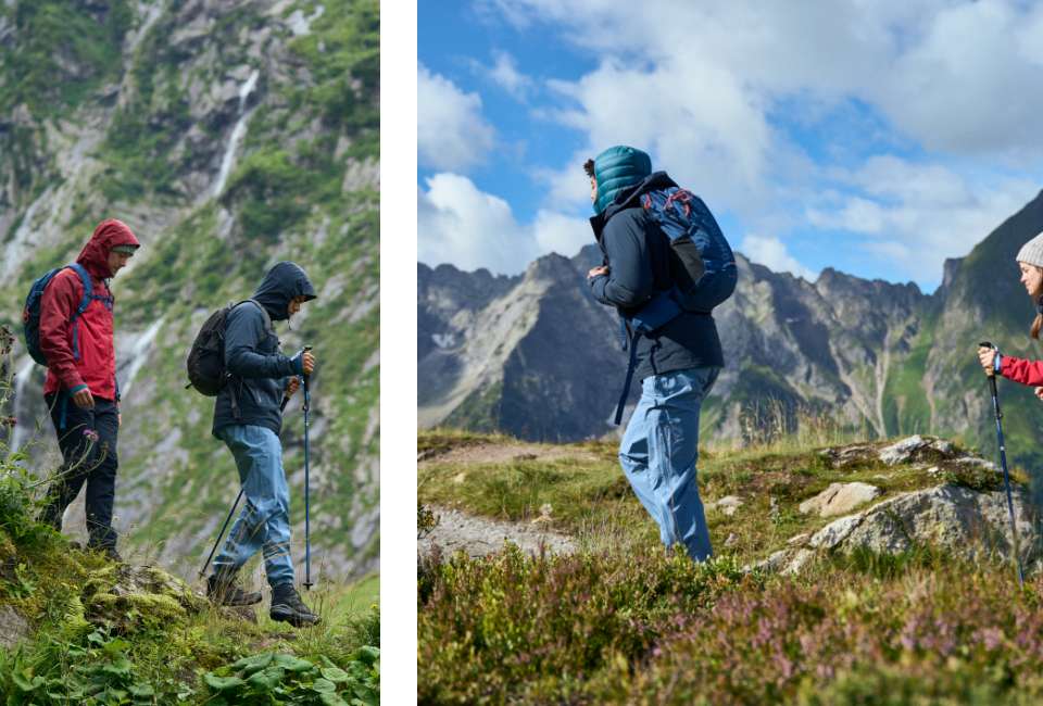 Hikers wearing walking boots and poles