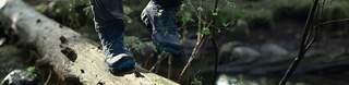 Person's feet in GORE-TEX boots, walking on a fallen tree.