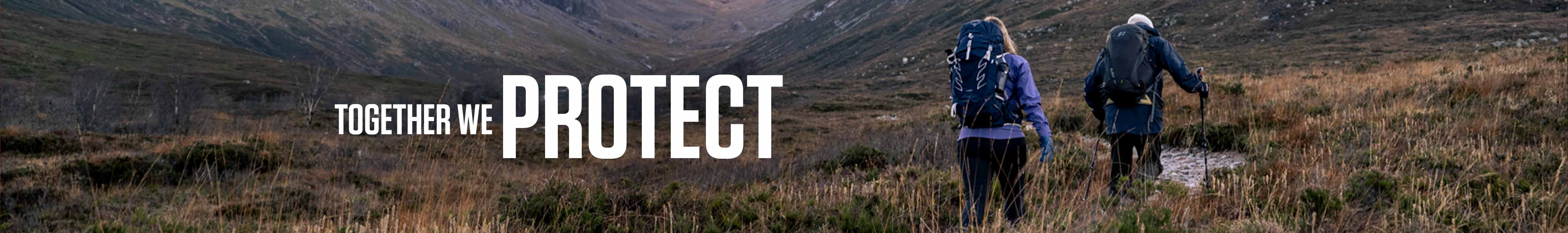 Together we protect message on the background of two people walking away with rucksacks on their backs.