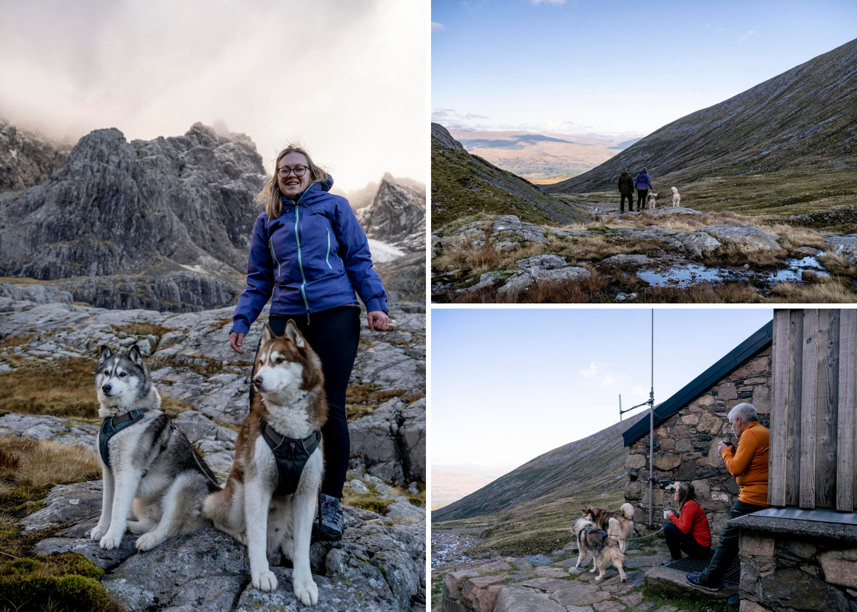 A couple out on a walk with their two husky dogs